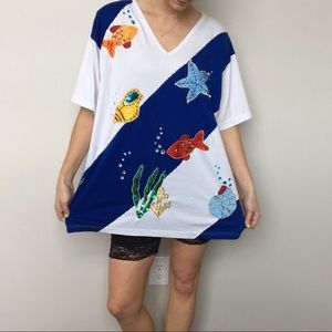 Vintage Sequin Blue and White Under the Sea Tee